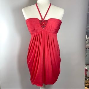 womens bright coral strappless/halter tie mini dress size S open back